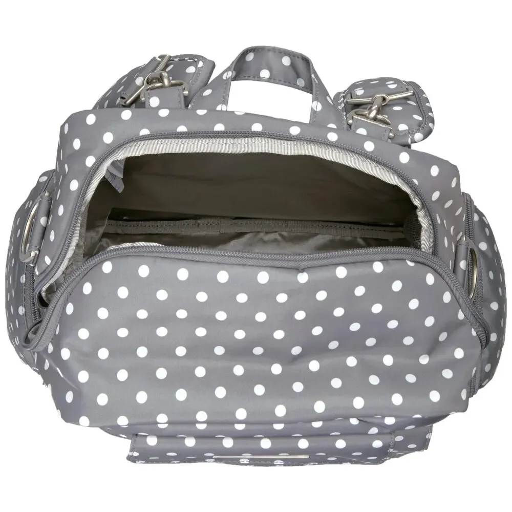 JuJuBe Nurtured Large Breast Pump Backpack Diaper Baby Bag Polka Dot Gray White